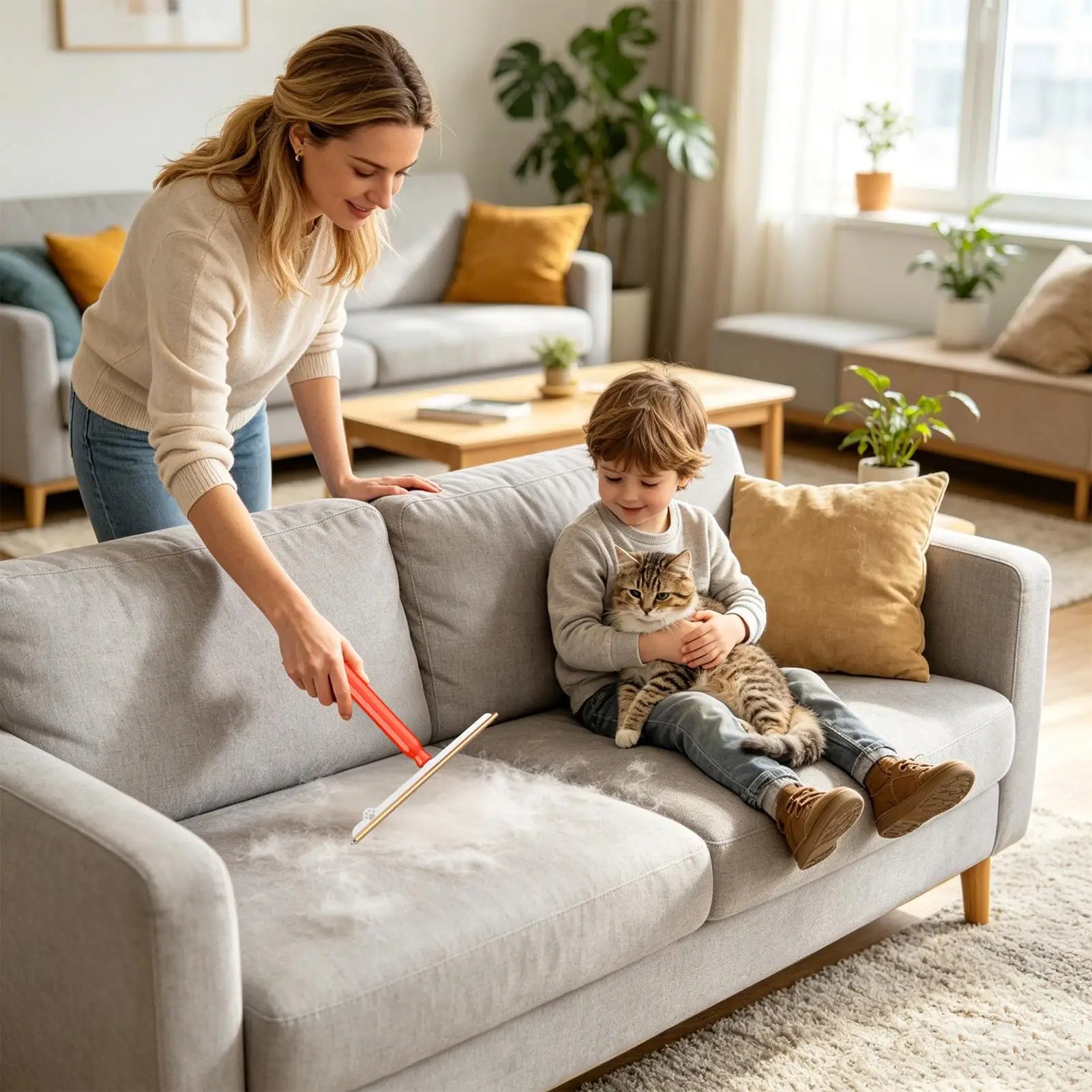 Nuzzle Fur Remover cleaning pet hair from a couch at home